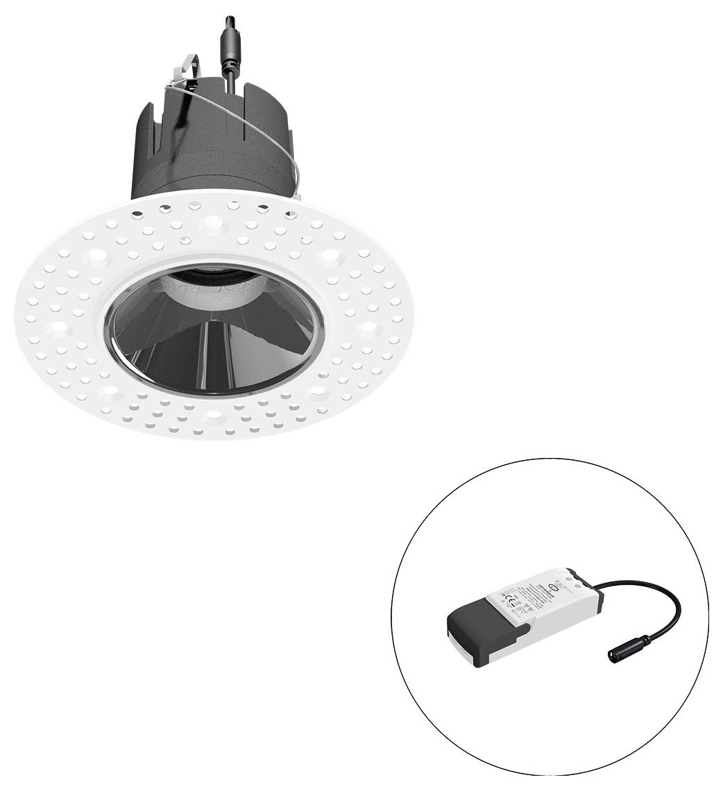 Einbaudeckenstrahler mit weiß perforiertem Rahmen und schwarzem Gehäuse; die Detailansicht zeigt ein angeschlossenes LED-Treibermodul.