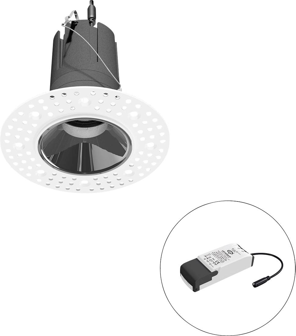 LED-Einbaustrahler mit weißem Lochblech-Zierring; die Detailansicht zeigt ein separates Treibermodul mit Kabel und Anschluss.