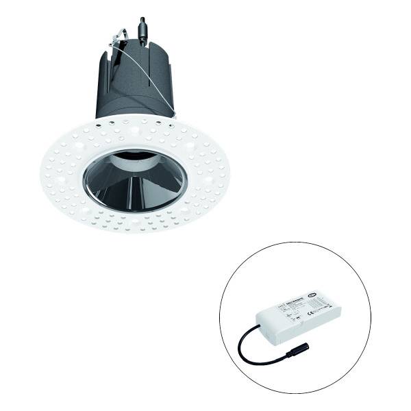 Einbau-LED-Spot mit schwarzem Gehäuse und weißer Abdeckung, neben einem separaten Netzteil. Geeignet für Deckenmontage.