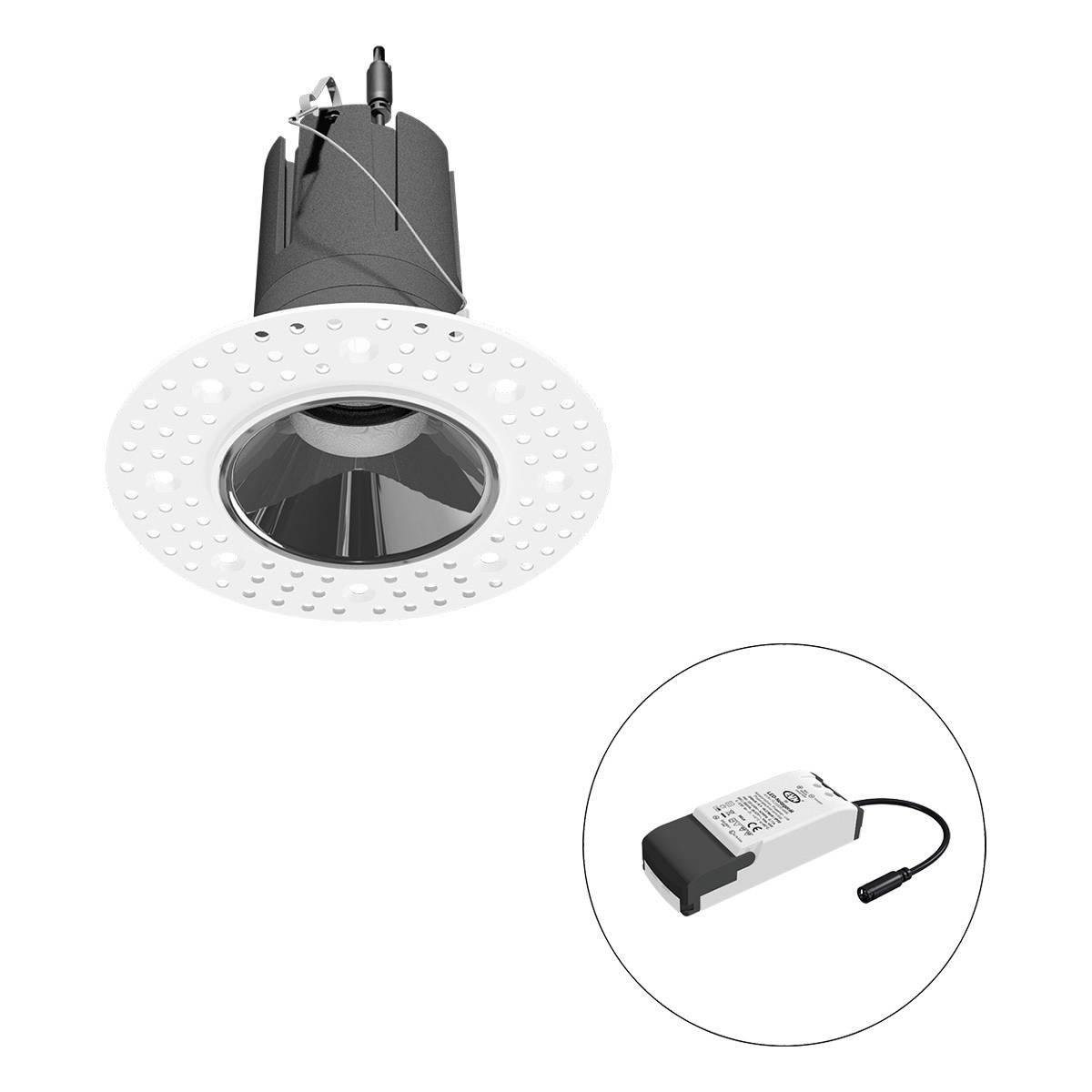 Einbaustrahler-Set mit rundem LED-Spot in weißem Gehäuse und separatem Transformator. Ideal für moderne Beleuchtungsanwendungen.