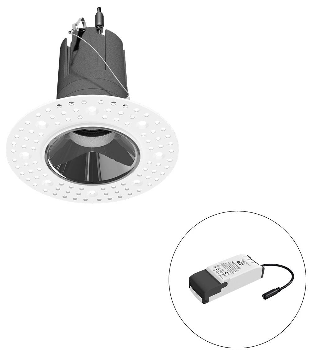 Eingelassene LED-Einbauleuchte mit weißem perforierten Rand und schwarzem Gehäuse, dargestellt mit einem separaten Treibermodul in einem eingefügten Kreis.