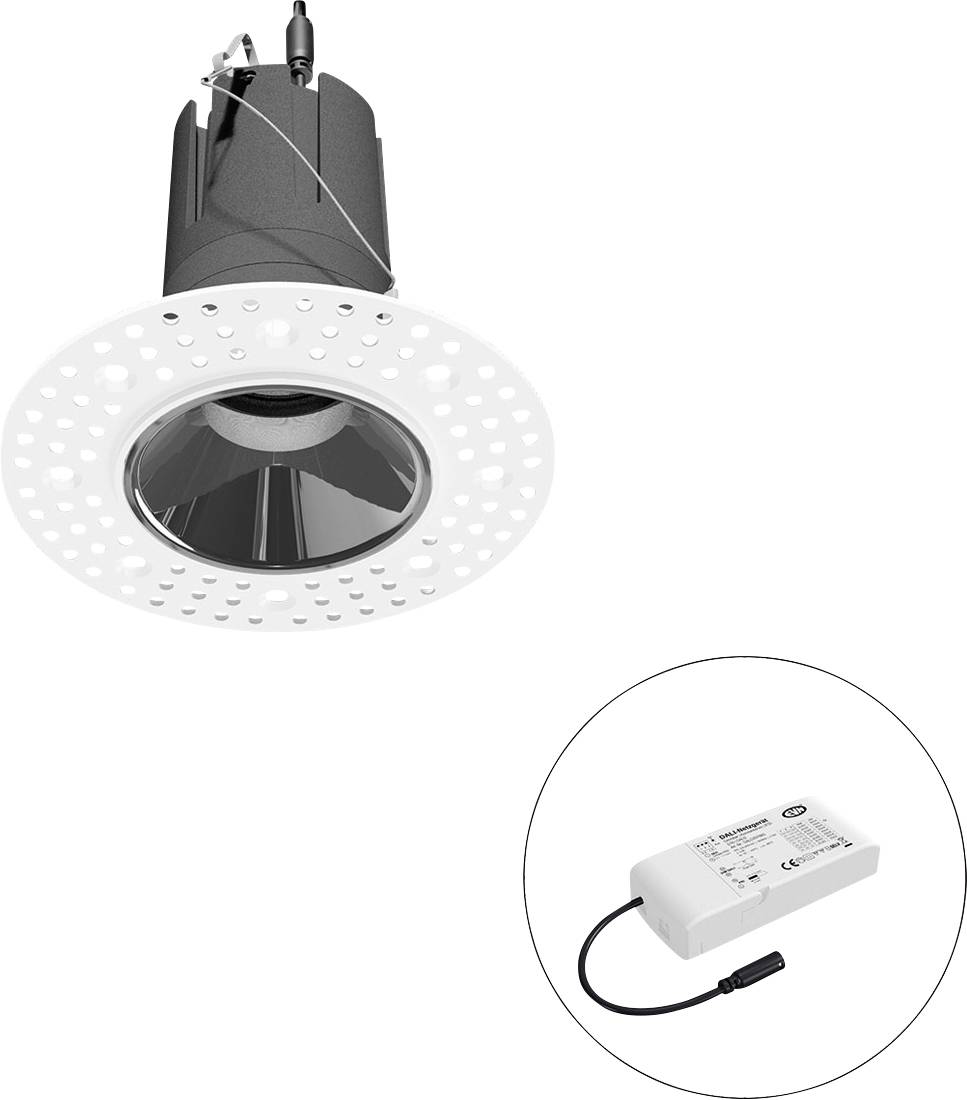 Eingebauter LED-Downlight mit weiß gelochtem Rand, dargestellt mit separatem Stromversorgungsmoduel im Inset-Kreis.