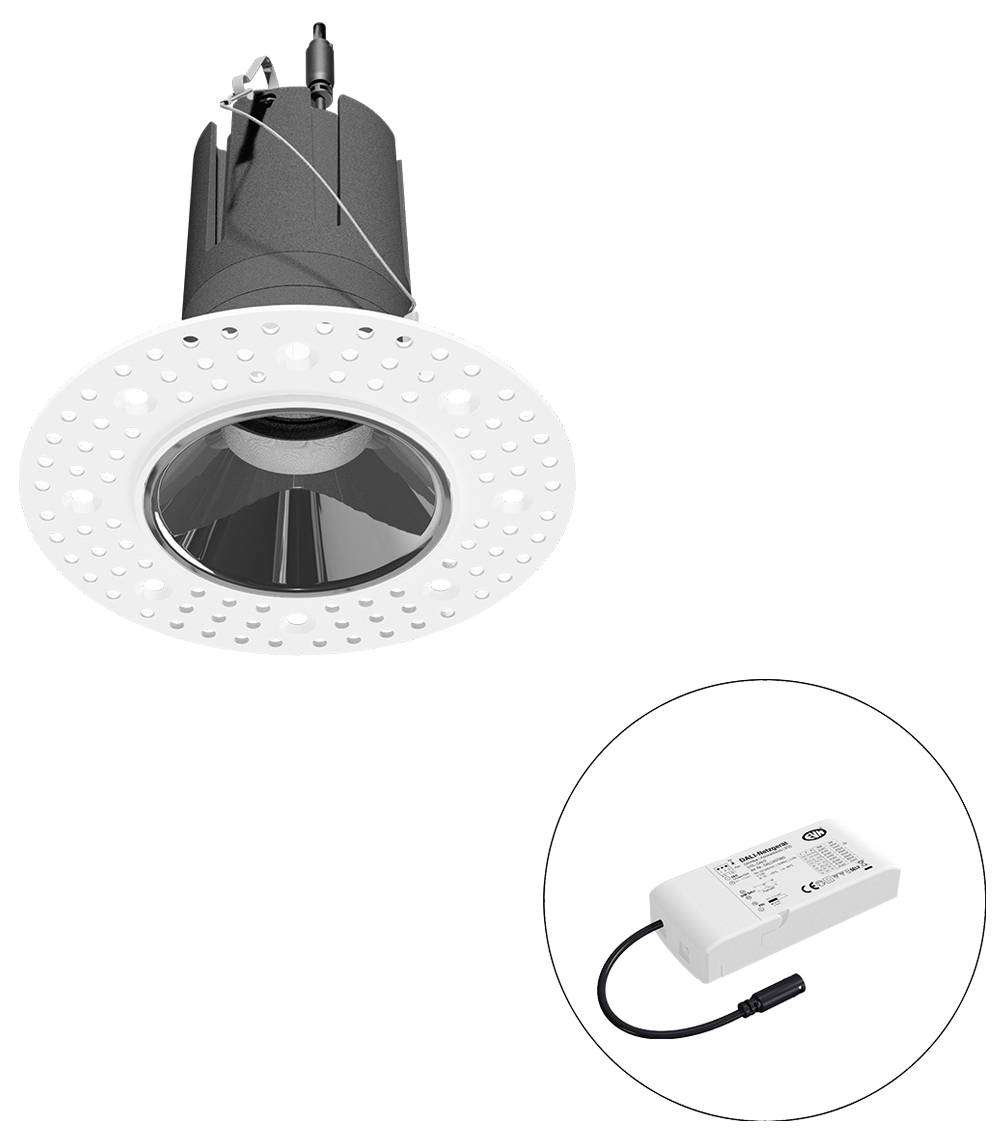Eingelassene LED-Einbauleuchte mit weißem perforiertem Rahmen, dargestellt mit ihrem separaten Vorschaltgerät in einer kreisförmigen Einblendung.