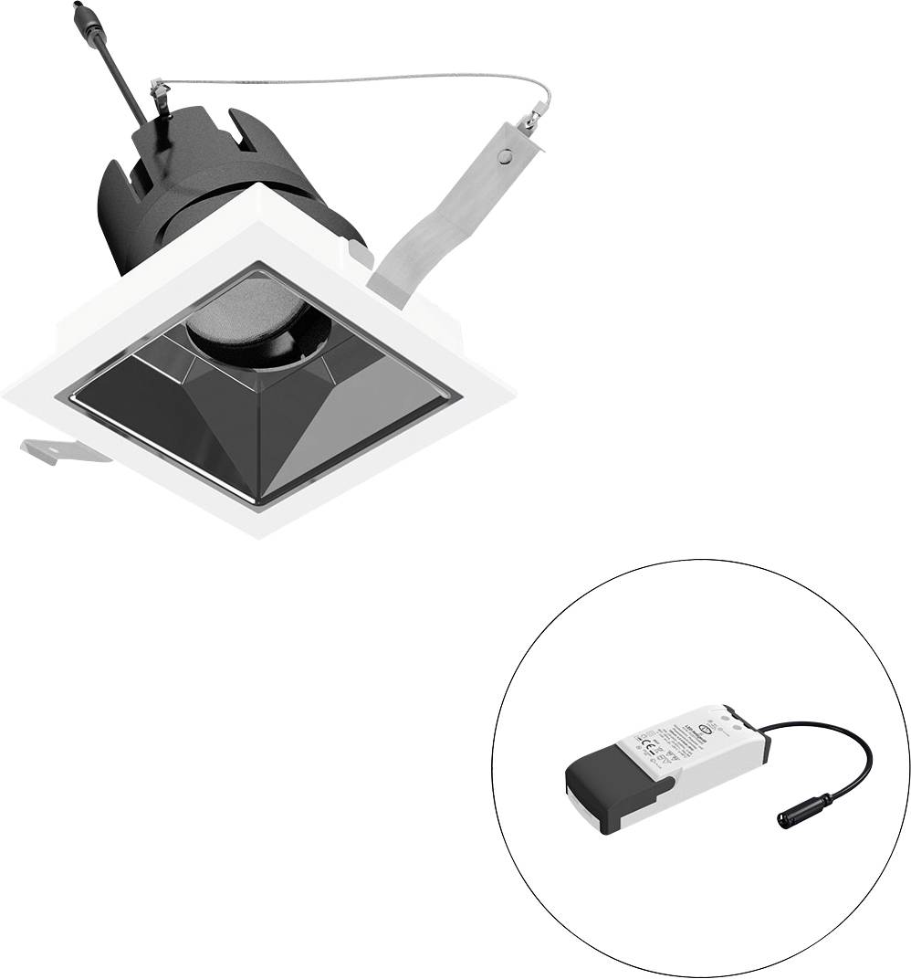 Quadratische, versenkbare LED-Einbauleuchte mit Befestigungsclips und separatem Trafo, in einem kreisförmigen Ausschnitt dargestellt.