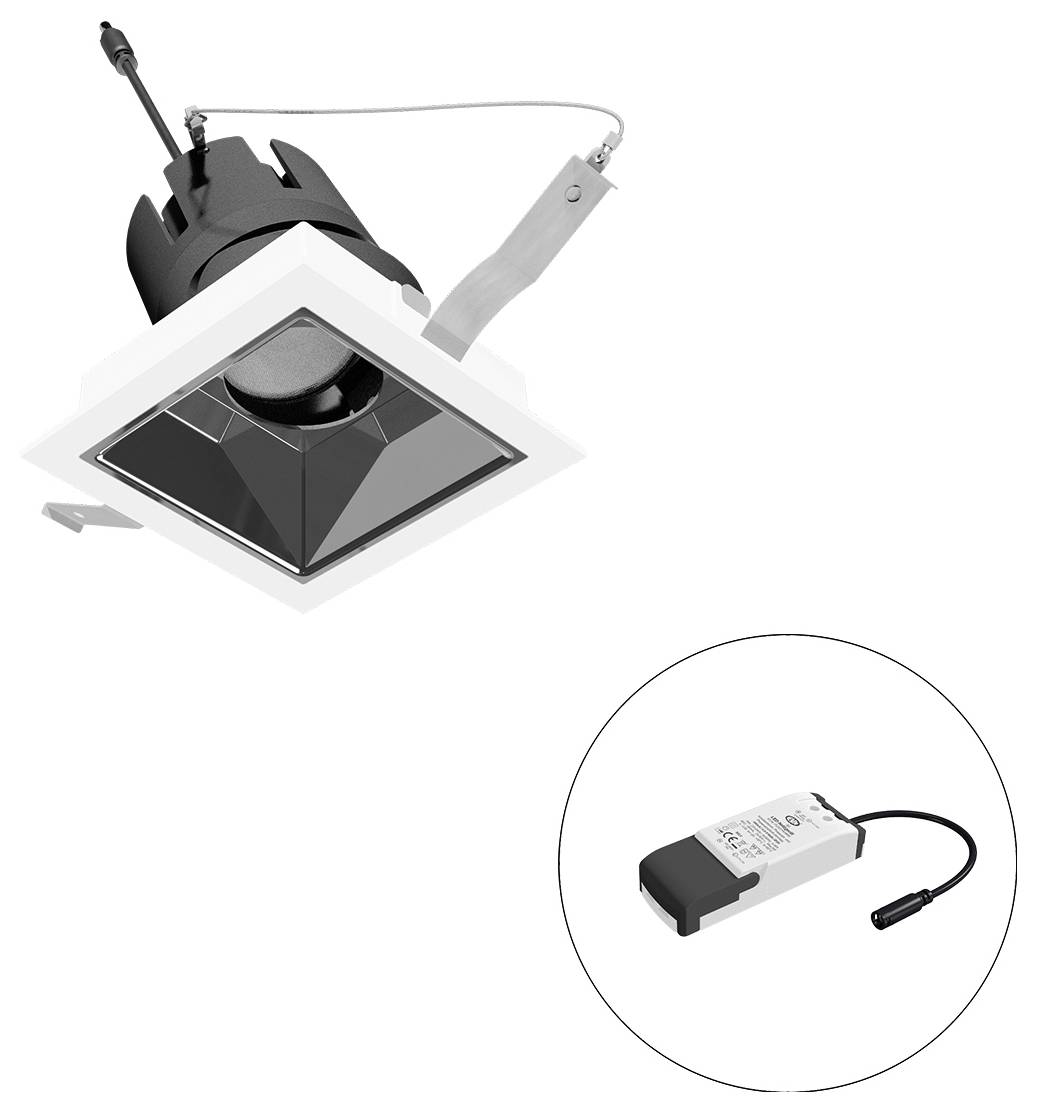 Flache quadratische LED-Einbaulampe mit Federklemmen, dargestellt mit separatem Treibermodul in einer kreisförmigen Vergrößerung.