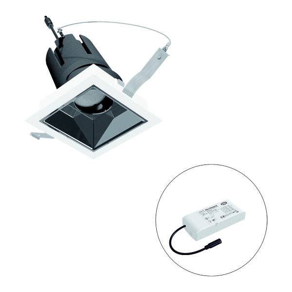Einbau-LED-Strahler mit quadratischem Design, schwarzem Innenreflektor und separatem Treiber mit Kabel. Geeignet für Deckenmontage.