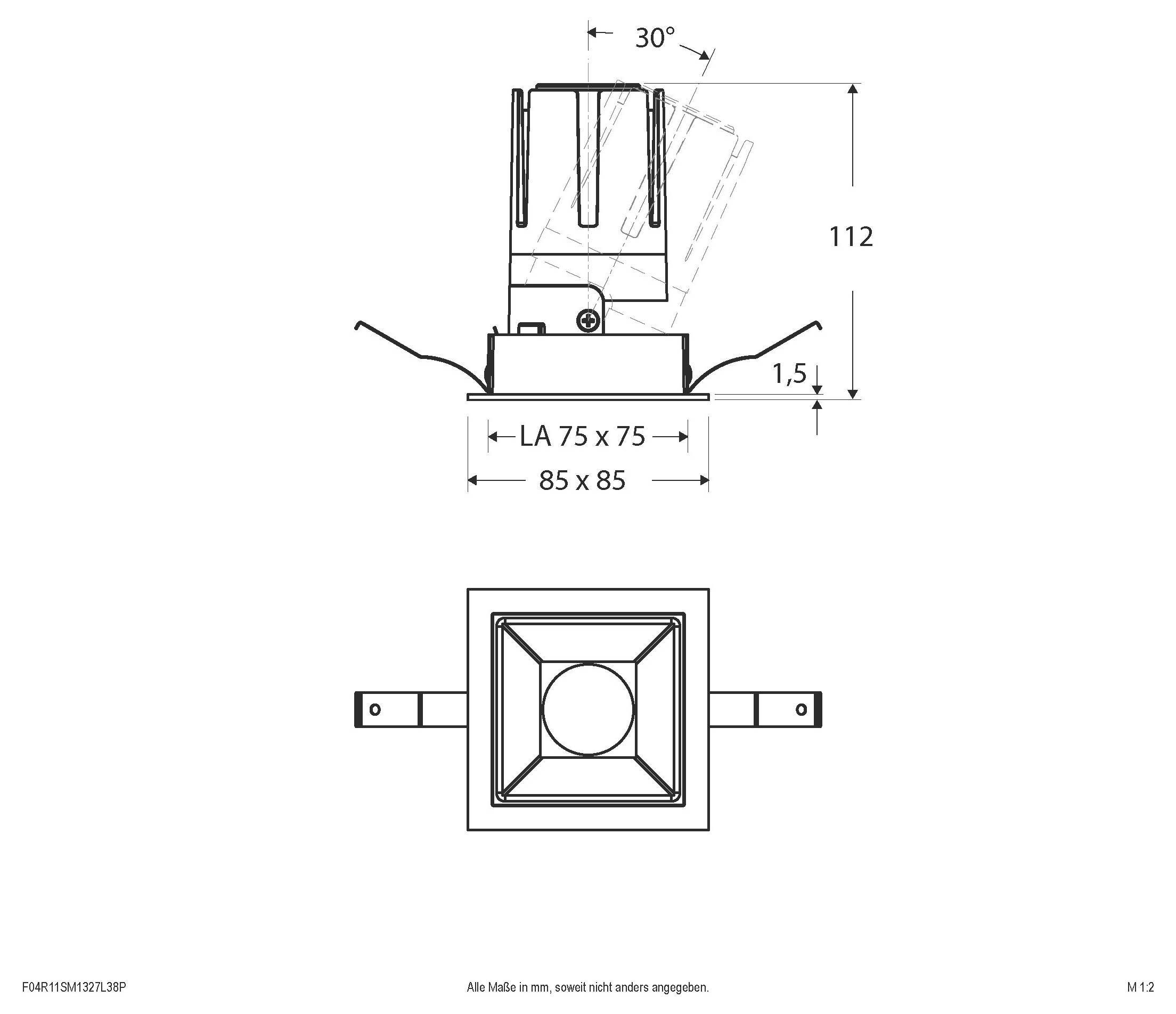 Technische Zeichnung einer quadratischen Deckenleuchte, die Seiten- und Vorderansichten mit 30° Neigung, Höhe 112, 85 x 85 Basis und 75 x 75 Ausschnittabmessungen zeigt.