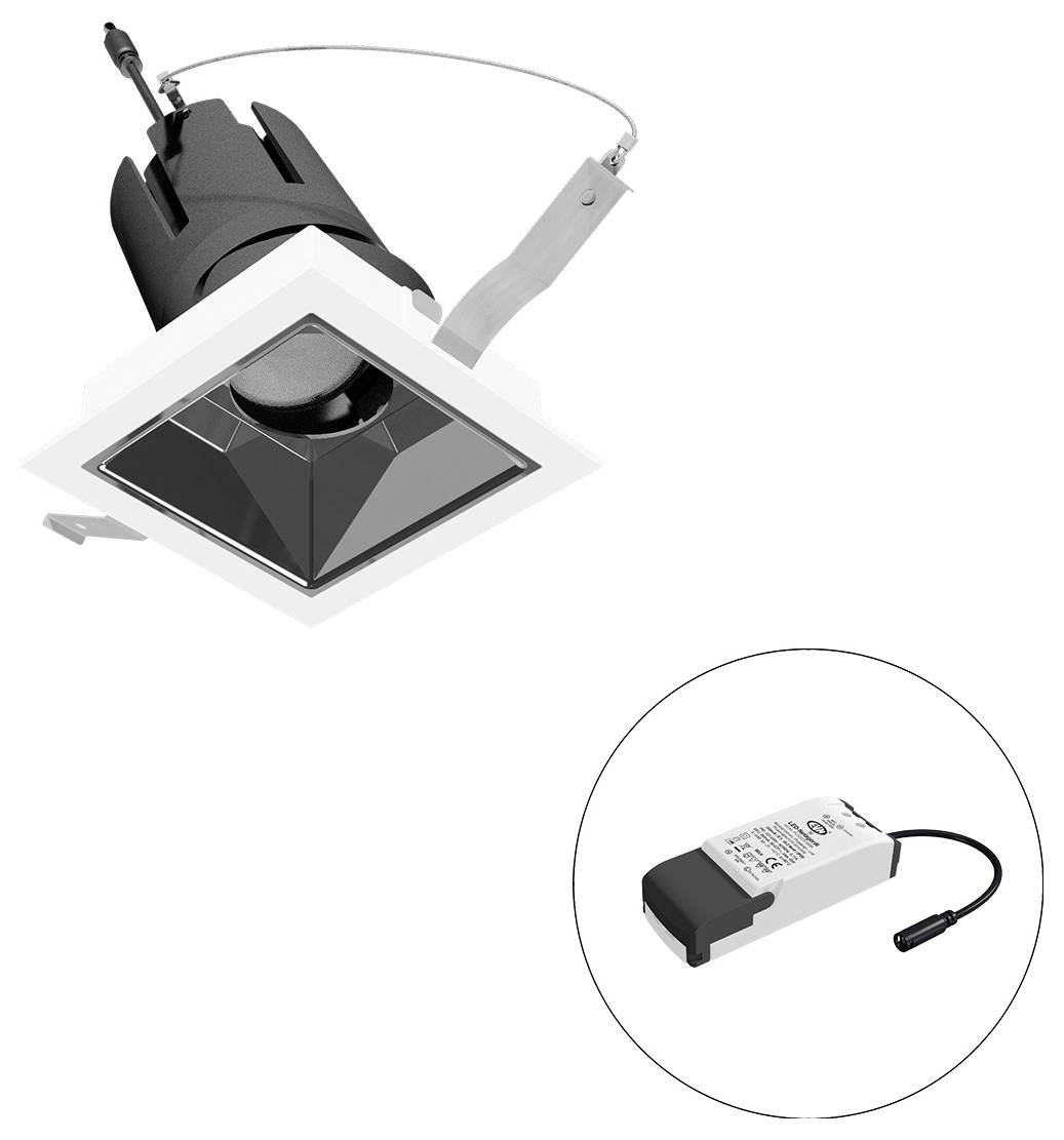 Eingebauter quadratischer Deckenspot mit separatem LED-Treiber, dargestellt in einem eingefügten Kreis.