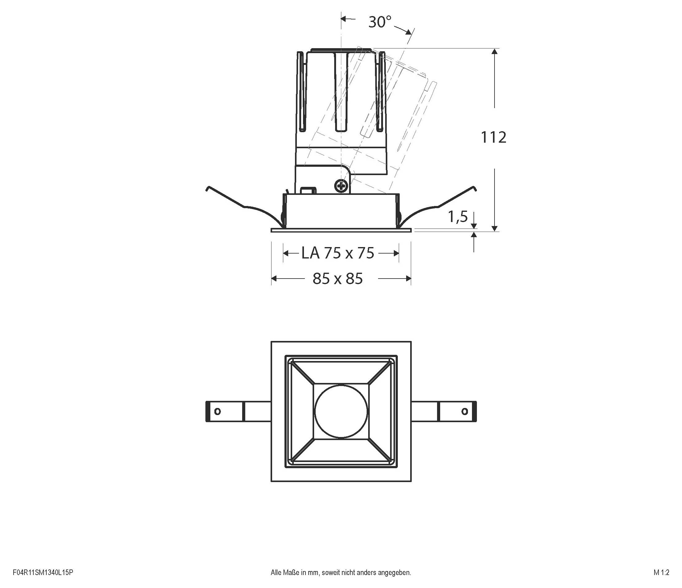 Technische Zeichnung einer quadratischen eingebauten Leuchte mit Seiten- und Draufsicht mit den Abmessungen 85 x 85, Ausschnitt 75 x 75, Höhe 112 und Neigungswinkel 30°.