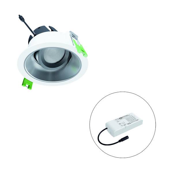 Rundes LED-Downlight mit weißem Gehäuse und grünem Clip, daneben separat ein rechteckiger Transformator mit Kabelstecker.