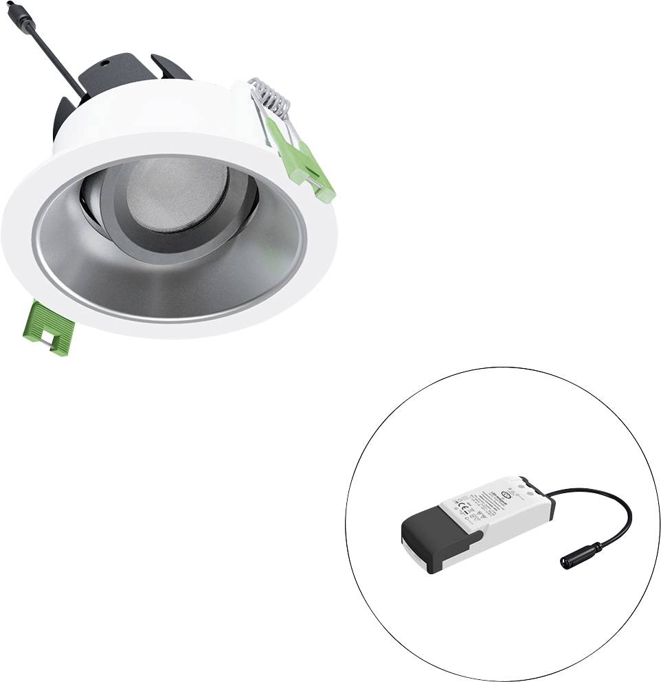 Eingebauter Deckenspot mit verstellbaren grünen Federklemmen, dargestellt mit seinem LED-Treiber in einer kreisförmigen Einfassung.