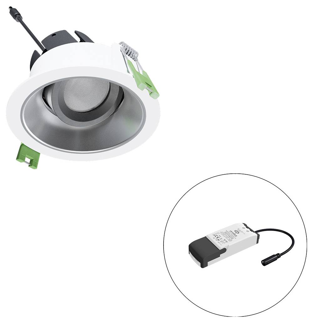 Eingebauter LED-Downlight mit Federklemmen und separatem Treiber, dargestellt in einem Insetkreis.