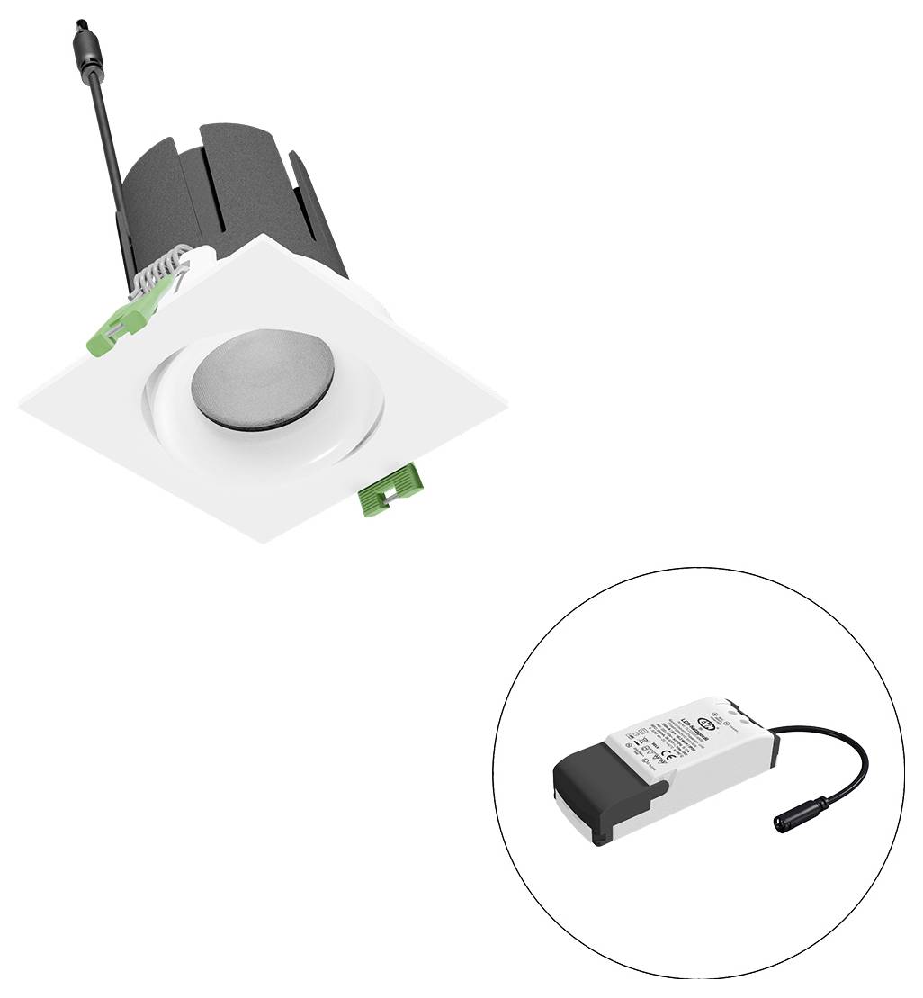 Eingelassene quadratische LED-Deckenleuchte mit runder Mittellinsе, plus eingefügtes Bild des passenden Treibers/Netzteils.