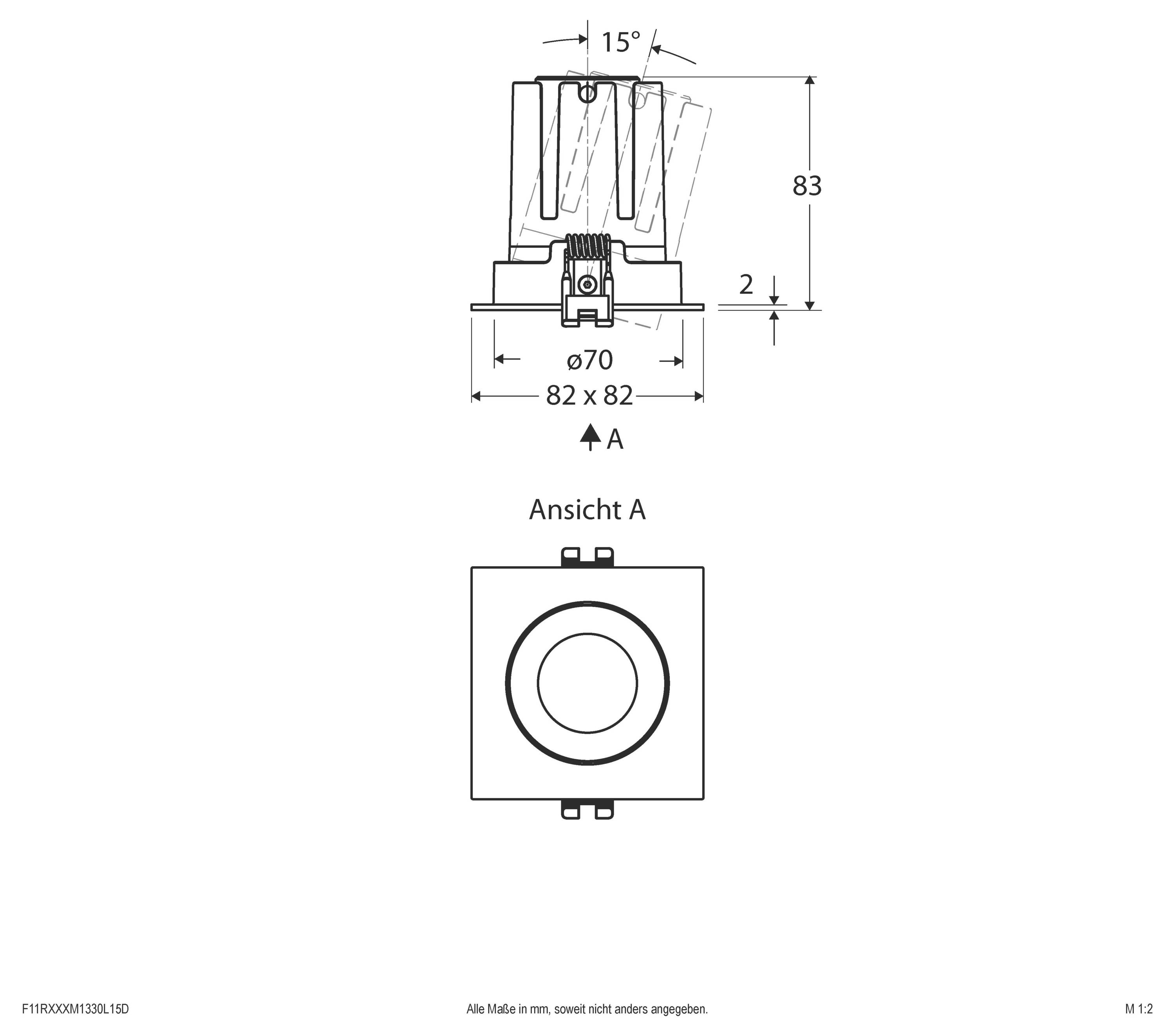 Technische Zeichnung einer quadratischen Deckenleuchte mit Frontal- und Seitenansicht und den Maßangaben: 82 x 82 mm Grundfläche, 83 mm Höhe, 70 mm Öffnung und 15° Neigung.