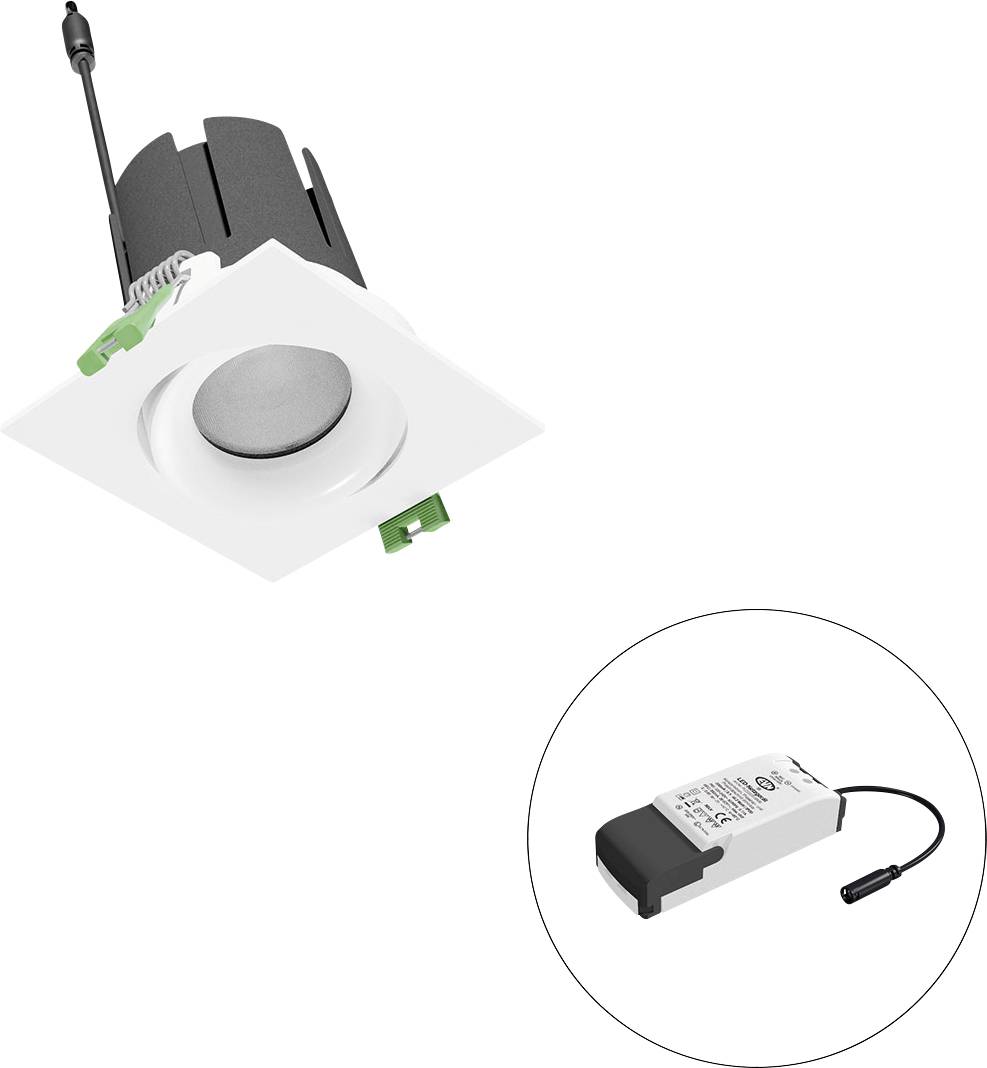 Eingelassene Deckenleuchte mit dimmbar steuerbarem LED-Treiber, wie in der Legende unten gezeigt.