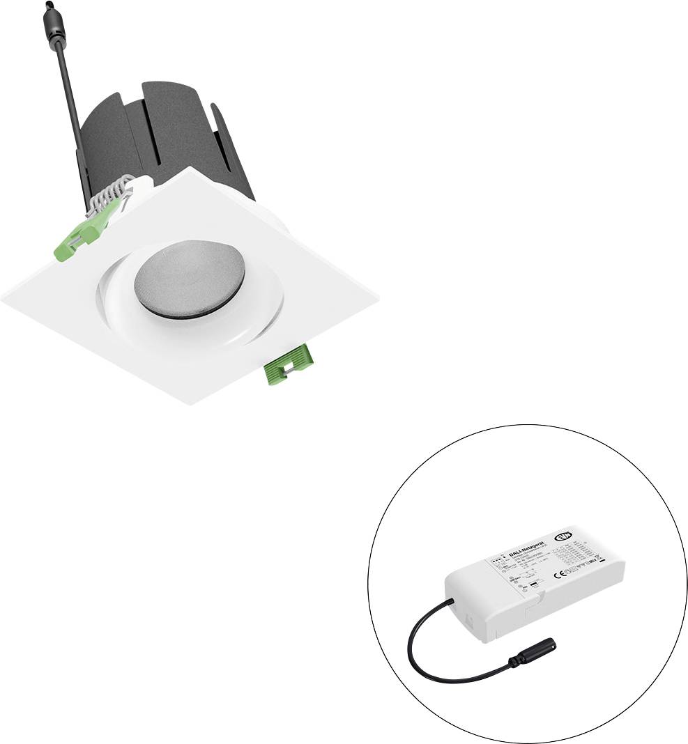 Ein dimmbares LED-Einbaulicht mit quadratischem Rahmen und externem Netzteil, geeignet für den Deckeneinbau.
