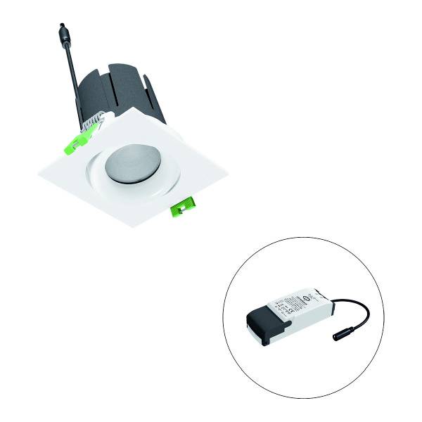 LED-Deckeneinbauleuchte mit rundem, schwenkbarem Design und anpassbarer Helligkeit. Enthält externes Netzteil für Energieversorgung.