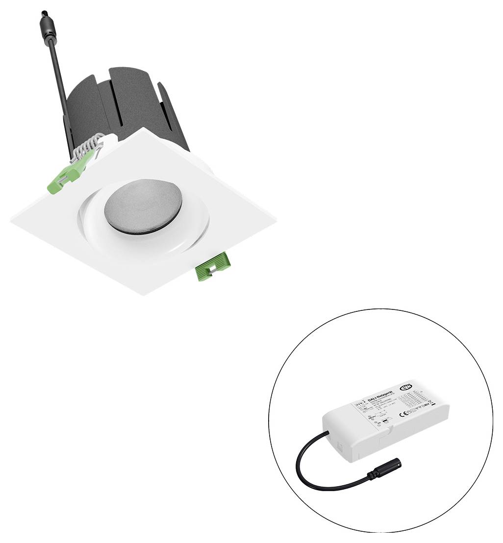 Weiße quadratische Einbauleuchte in der Decke mit rundem Mittelteil und Verkabelung; die Vergrößerung zeigt ein LED-Treiber-Netzteil, das durch ein Kabel verbunden ist.
