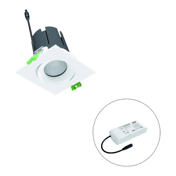 Ein quadratischer, weißer LED-Deckeneinbauspot mit rundem Leuchtmittel, daneben ein separater Transformator. Geeignet für moderne Beleuchtungssysteme.