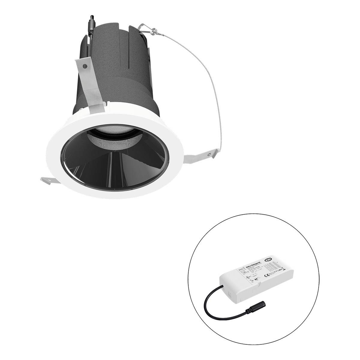 Eine Einbau-Downlight-Leuchte mit weißem Rand und schwarzem Innenreflektor. Daneben ein Treiber für den Anschluss an die Leuchte.