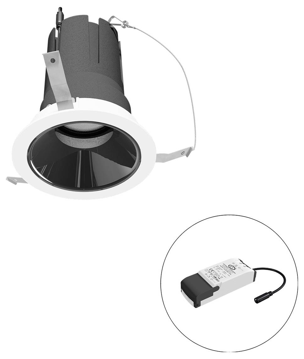 Eingelassener LED-Downlight mit weißer Blende und schwarzem Reflektor, plus ein separates Treibermodul, das in einem kreisförmigen Ausschnitt gezeigt wird.
