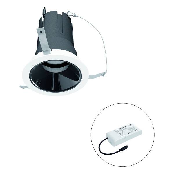 Downlight mit rundem Rahmen und separatem elektronischen Vorschaltgerät, dargestellt vor weißem Hintergrund.