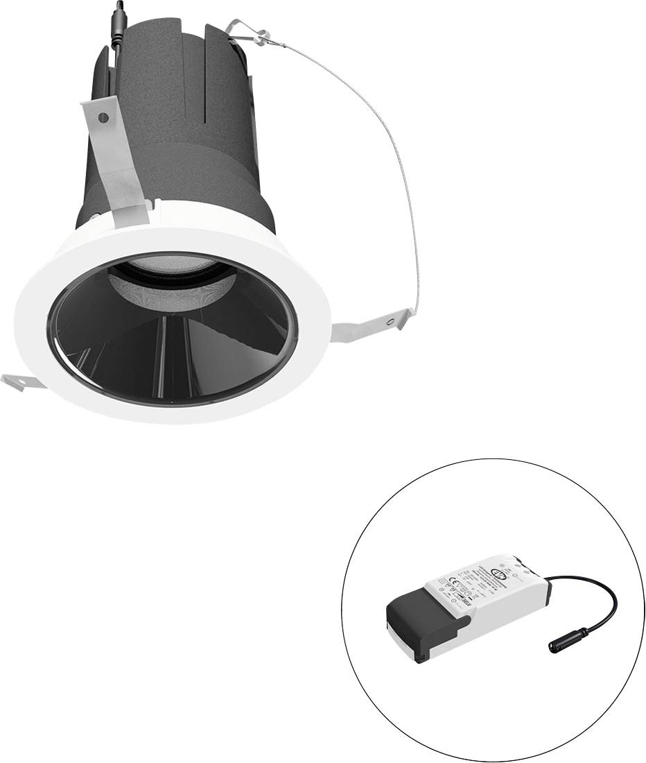 Eingebauter LED-Einbaustrahler mit verstellbarem Trimm, dargestellt mit separatem Treibermodul in einer kreisförmigen Einfassung.