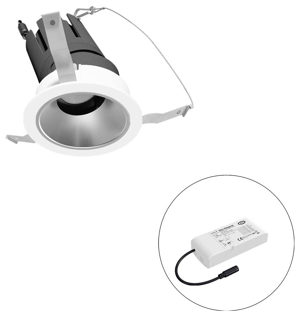 Eingebauter LED-Downlight mit Federklemmen und angekoppeltem Treiber, dargestellt in einem Insetkreis.