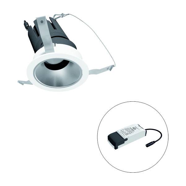 LED-Deckeneinbauleuchte mit rundem, weißem Rahmen und externem Treiber. Geeignet für Innenbeleuchtung, modernes Design.