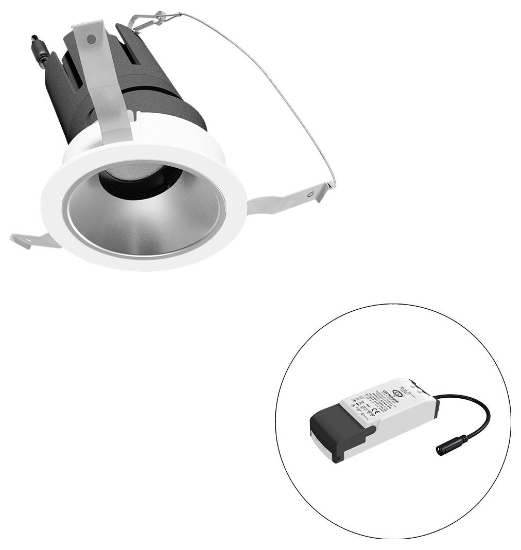 Einbau-LED-Downlight-Leuchte mit Federklammern, dargestellt mit ihrem Treiber-/Stromversorgungsmodul in einem eingefügten Kreis.