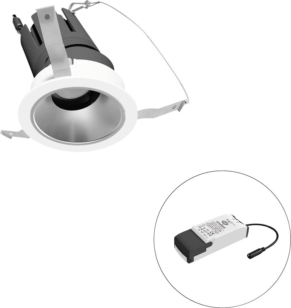 Eingelassene LED-Einbauleuchte mit separatem Treibermodul, das in einem Inset-Kreis gezeigt wird.