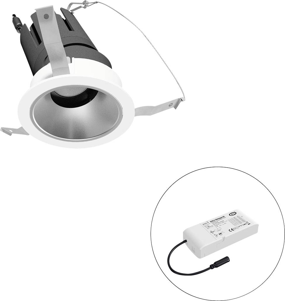 Eingelassener LED-Einbaustrahler mit integriertem Stromversorgungsmodul, dargestellt in einer kreisförmigen Vergrößerung.