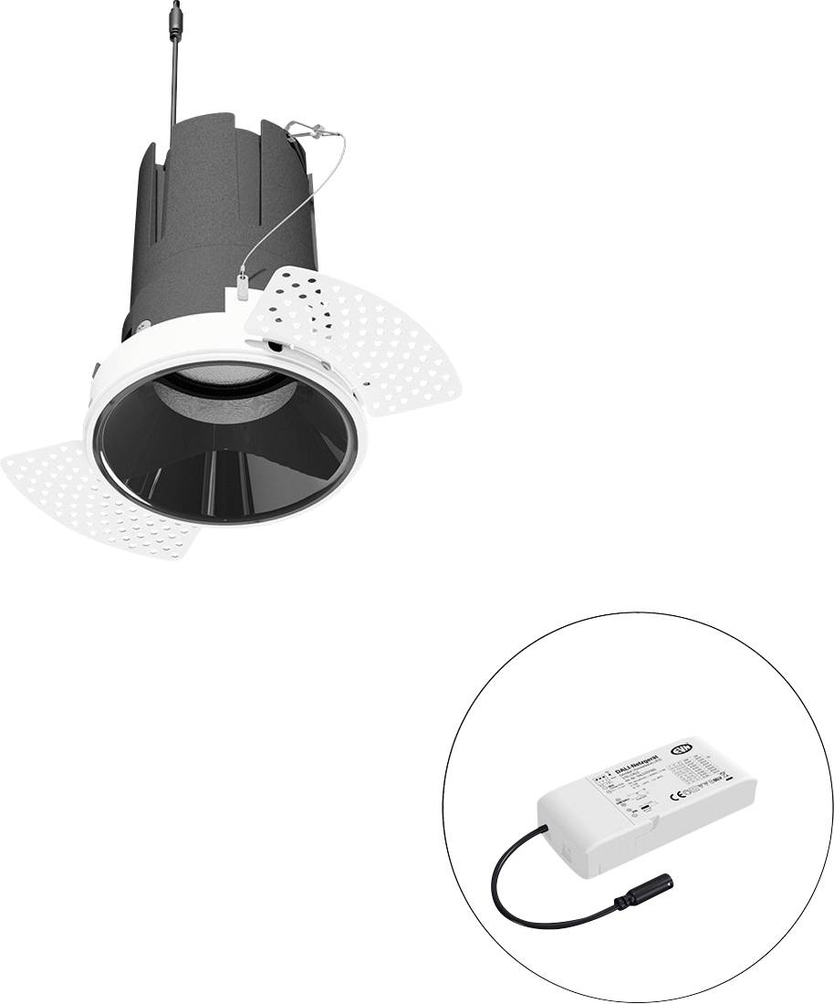 Einbauleuchte in Schwarz mit Netzkabel und Treibergerät. Geeignet für Deckenmontage – ideal für moderne Innenbeleuchtung.