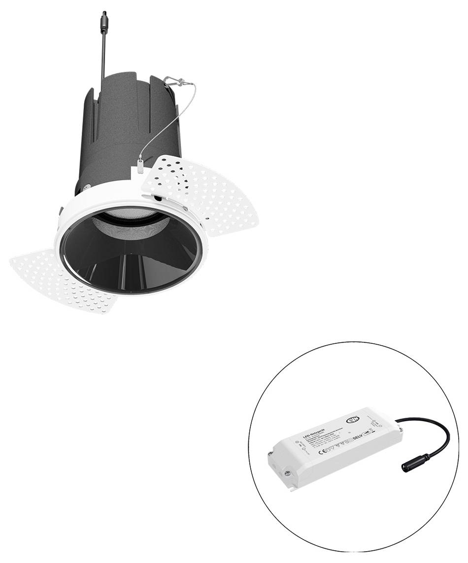Bündig eingebaute Deckenleuchte mit verstellbarem Rahmen und integriertem LED-Treiber, dargestellt in einem eingefügten Kreis.