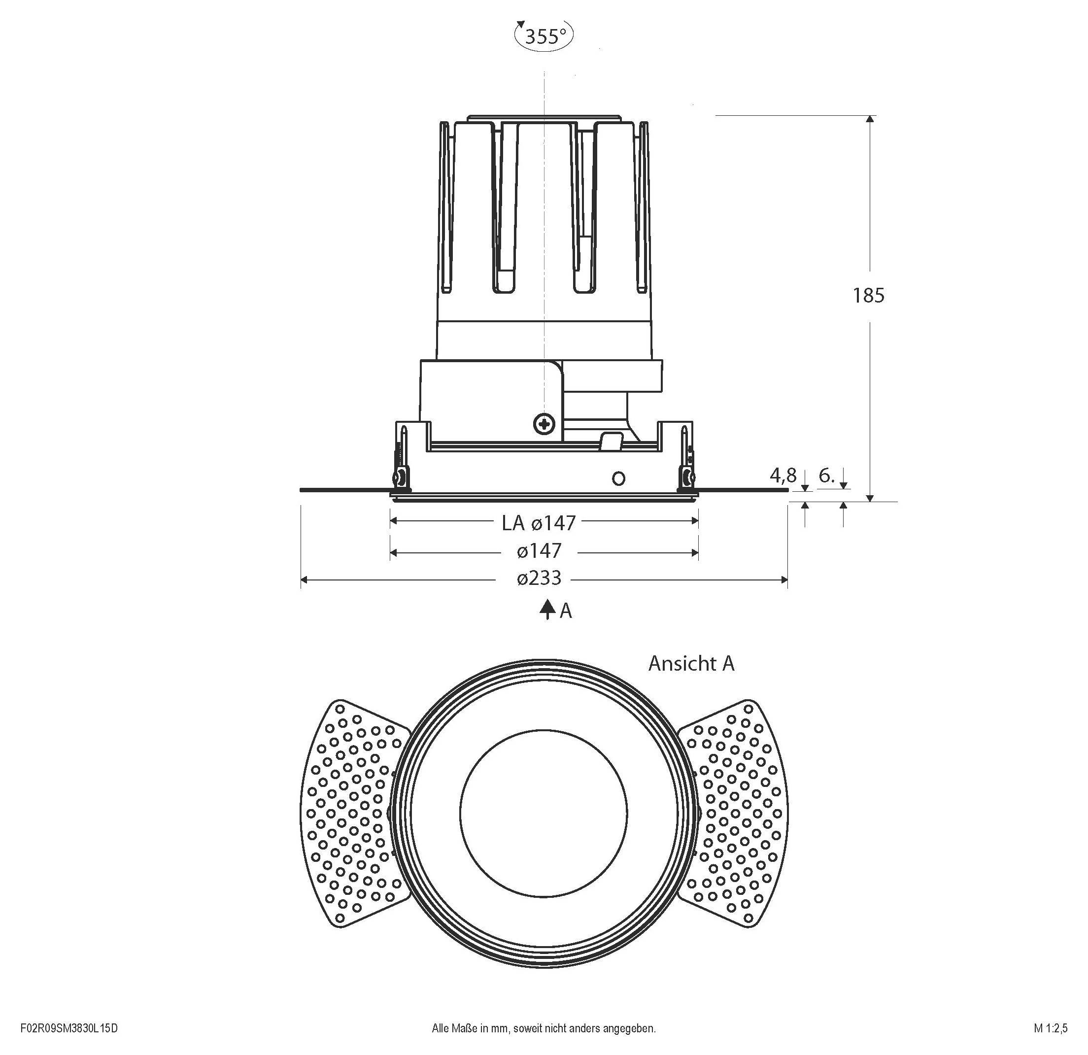 Technische Maßzeichnung einer zylindrischen, versenkt eingebauten Leuchte mit Seiten- und Vorderansicht mit den Abmessungen 185, 147 und 233 mm und einer Rotation von 355°.