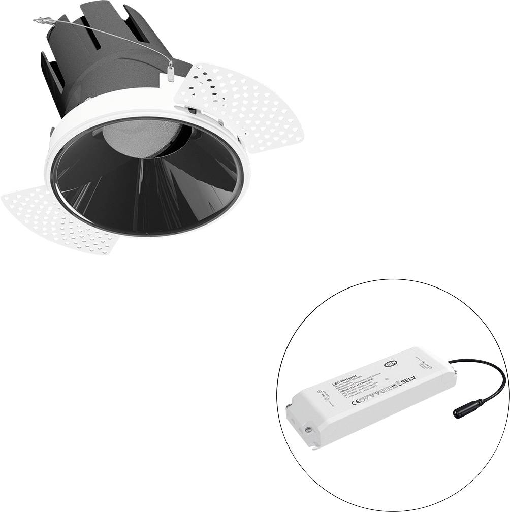 Eingebauter Downlight-Strahler mit weißem Rahmen und perforierten Seitenklappen, plus ein separates LED-Treibermodul, das in einem Insetkreis dargestellt ist.