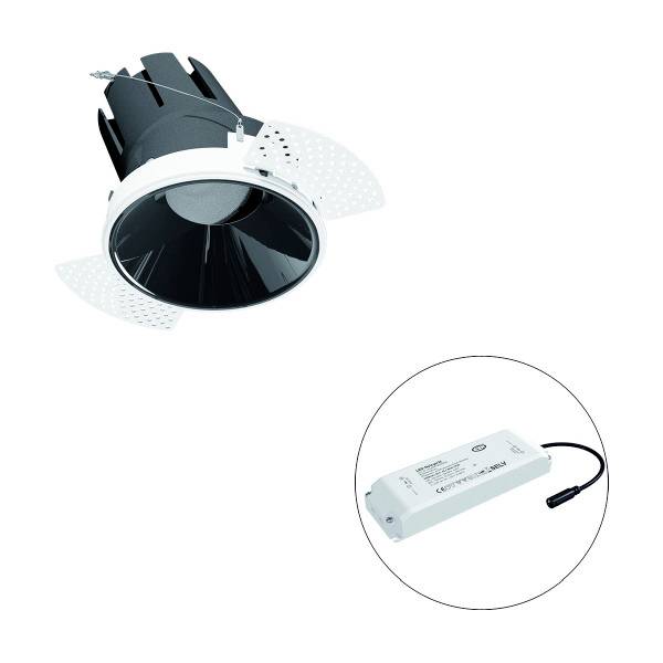 LED-Einbaustrahler in Schwarz und Weiß mit externem Transformator daneben. Geeignet für Deckenmontage, modern und energieeffizient.