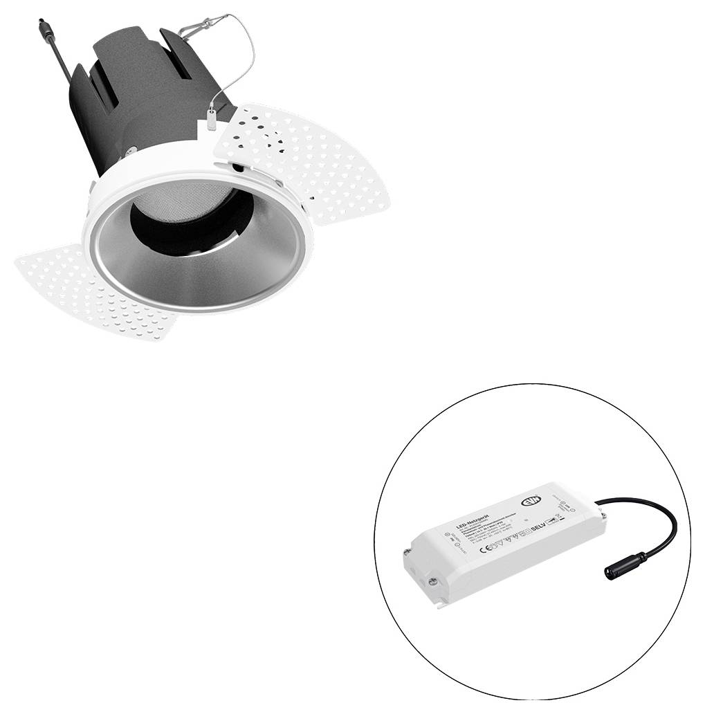 Eingebauter LED-Einbaustrahler mit Federclips und angebautem Treiber in einer kreisförmigen Vergrößerung dargestellt.