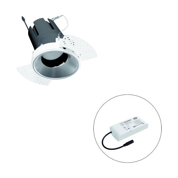 LED-Einbaustrahler mit rundem Rahmen und externem Treiber. Geeignet für Deckeneinbau. Energieeffiziente Beleuchtungslösung.