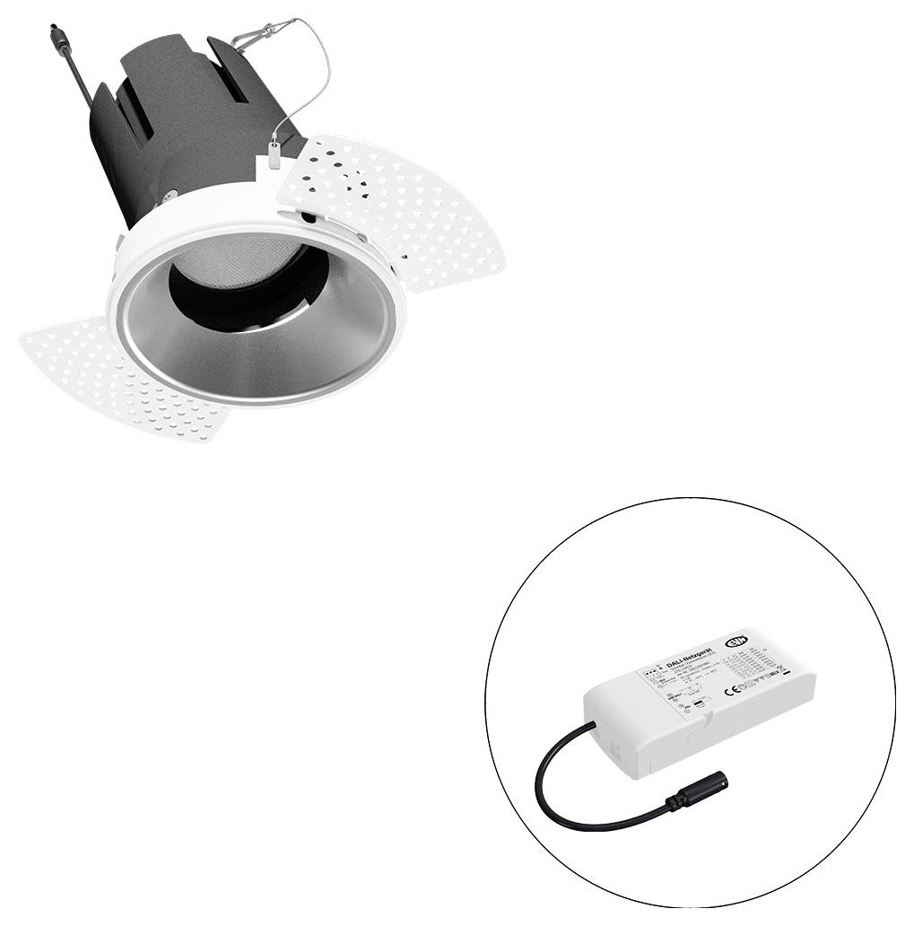 Einbaudeckenleuchte mit verstellbaren Metallmontagearmen sowie separates LED-Treibermodul, dargestellt in einem Kreis.