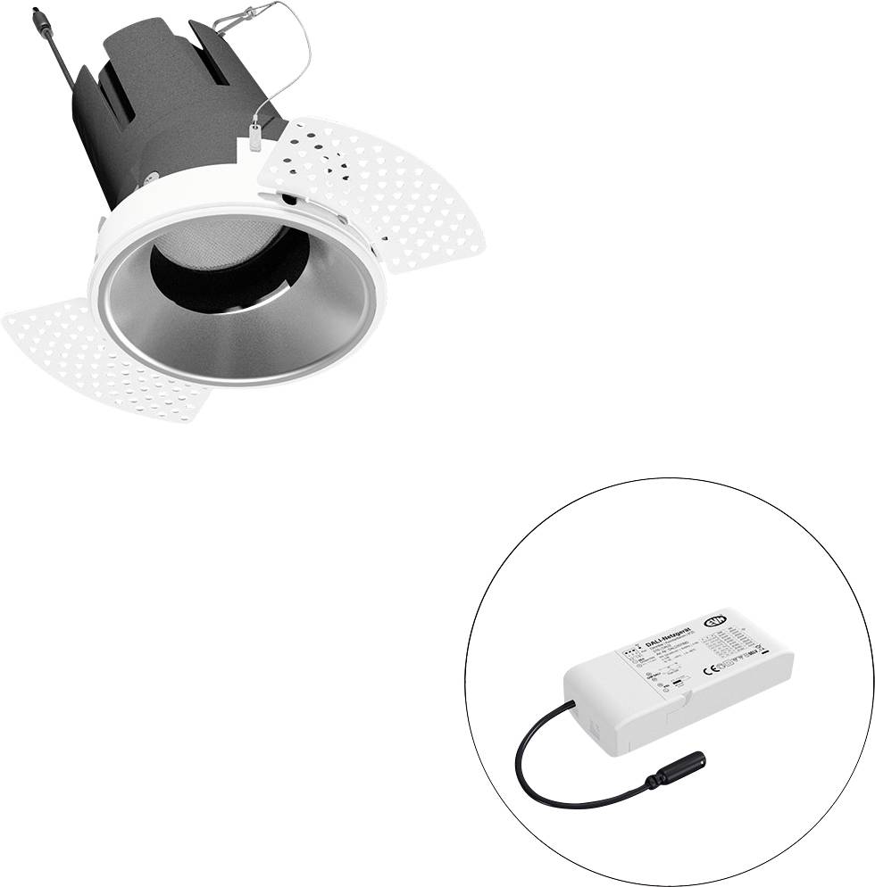 Einbau-LED-Downlight mit verstellbaren Federklemmen und separatem Treiber, dargestellt in einem Inset-Kreis.