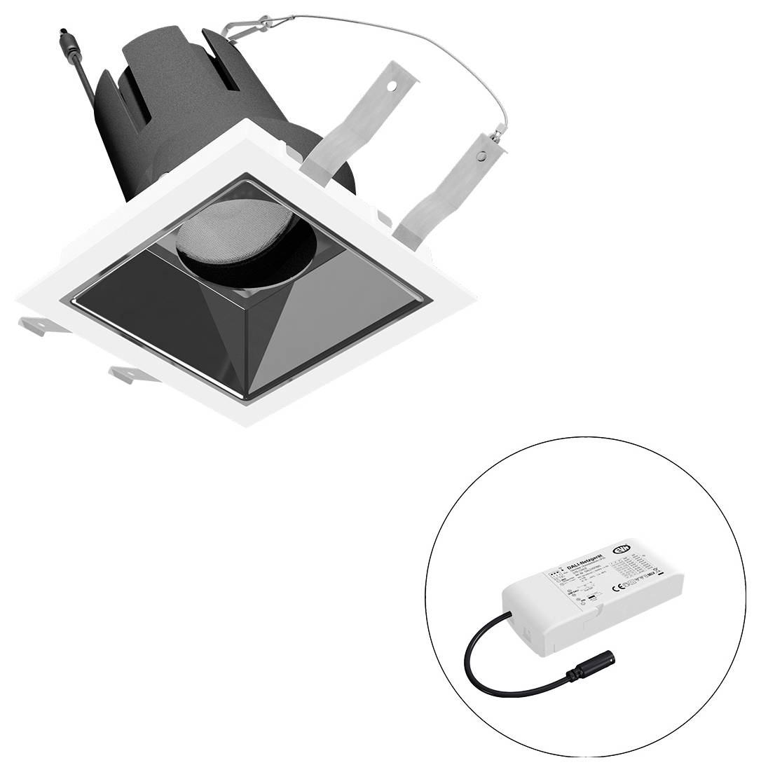 Eingelassene quadratische Deckenleuchte mit schwarzem Reflektor und sichtbarer Verkabelung, plus eingefügtes Bild eines separaten LED-Treiber-Stromversorgungsgeräts.