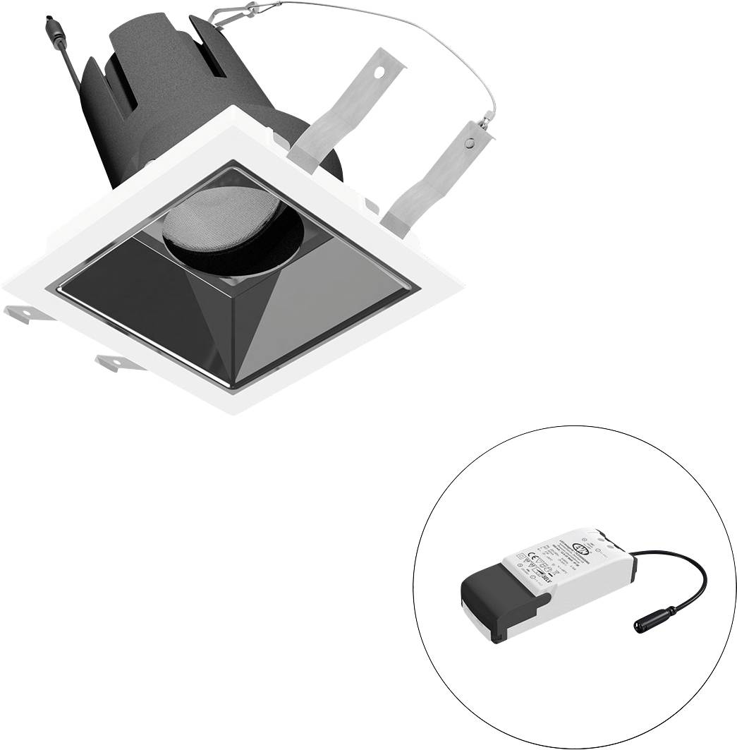 Quadratische, bündig eingebaute Downlight-Leuchte mit Blende und LED-Treiber in einem Inset-Kreis dargestellt
