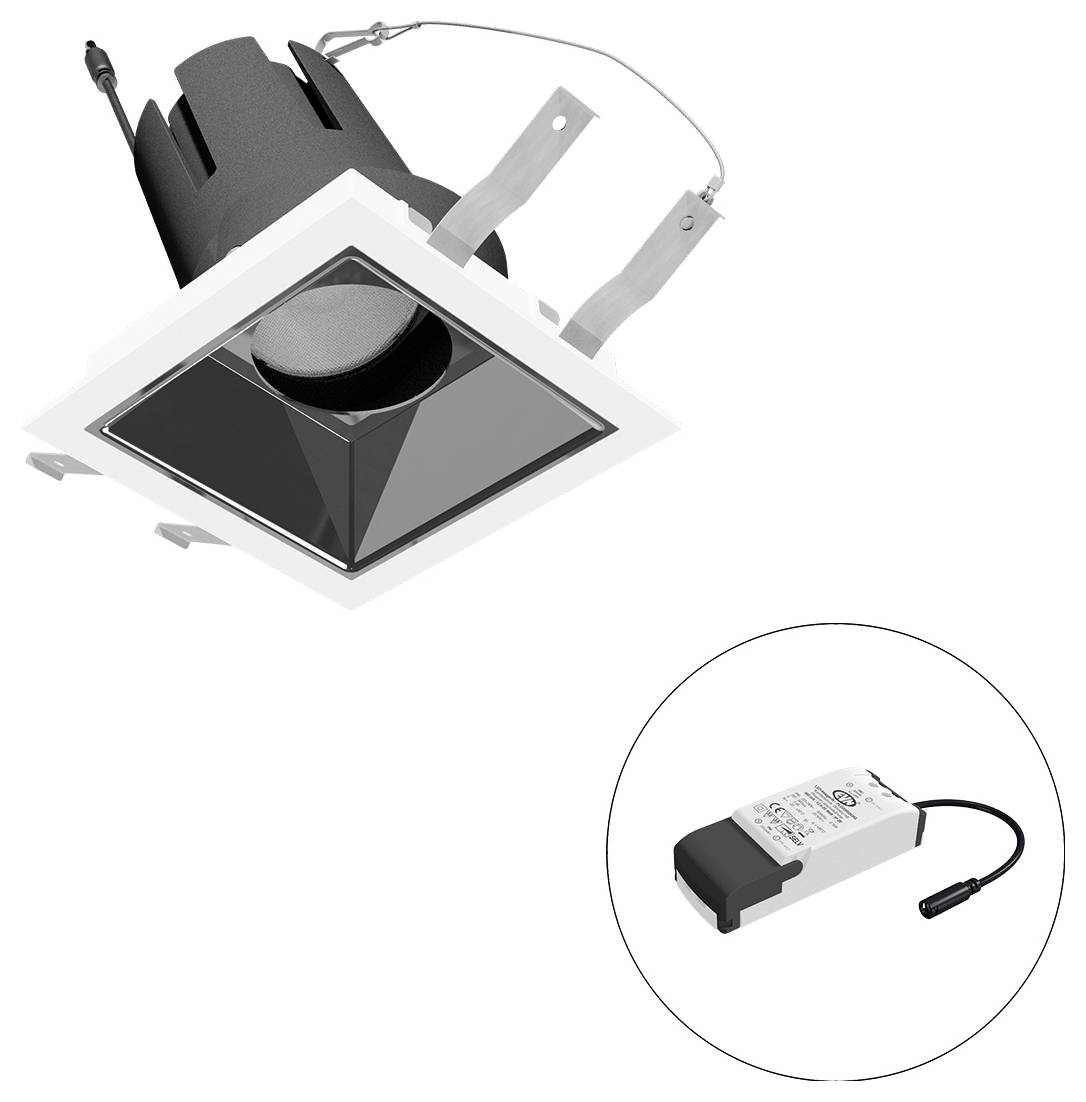 Eingelassene quadratische LED-Einbauleuchte mit Federklemmen, dargestellt mit separatem Treiber/Netzteil in einem eingefügten Kreis.