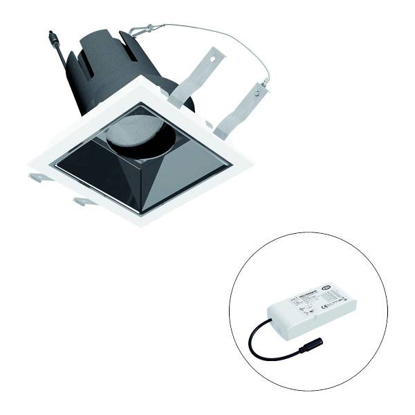 Einbau-LED-Leuchte in quadratischer Fassung mit schwarzem Innenreflektor und externem, rechteckigem Stromadapter.