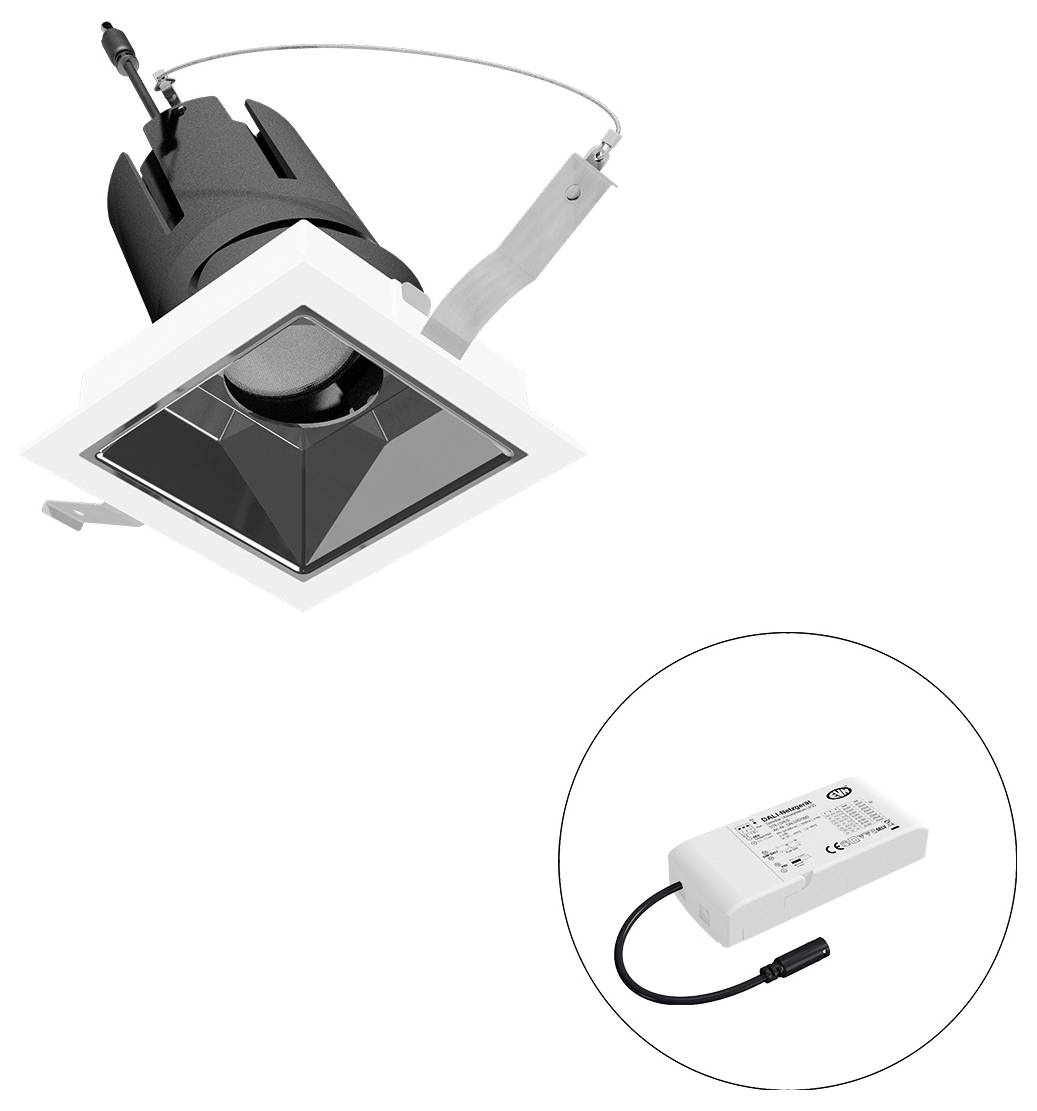 Eingebautes quadratisches LED-Einbaulicht mit Federklemmen, gezeigt mit separatem Treiber/Stromversorgungsgerät in einem eingefügten Kreis.