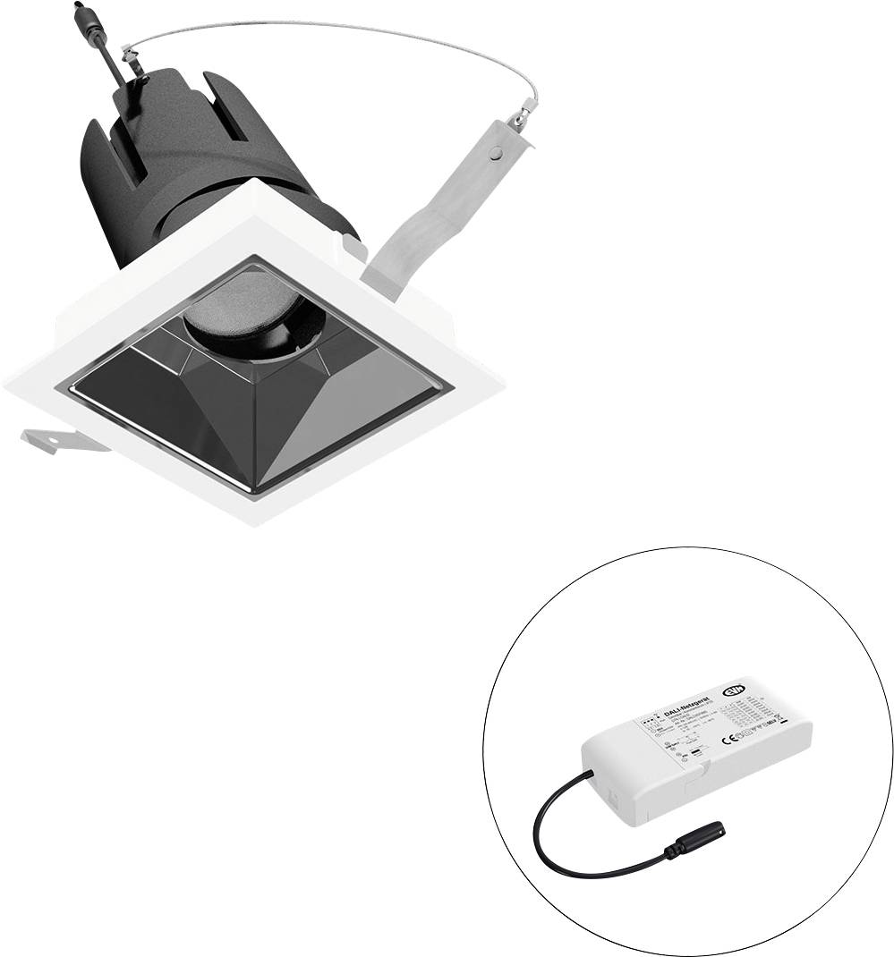 Versenkte quadratische LED-Einbauleuchte mit verstellbarem Halterung und angebautem Treibermodul, dargestellt in einem eingefügten Kreis.