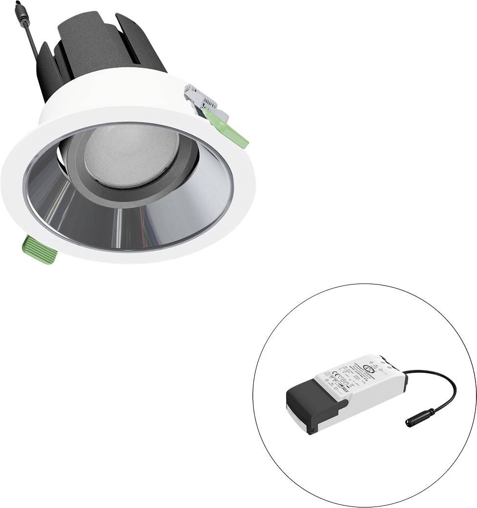 Eingebaute LED-Downlight mit Treiber im Ausschnitt dargestellt, das die Leuchte und ihre Stromversorgungskomponente zeigt.