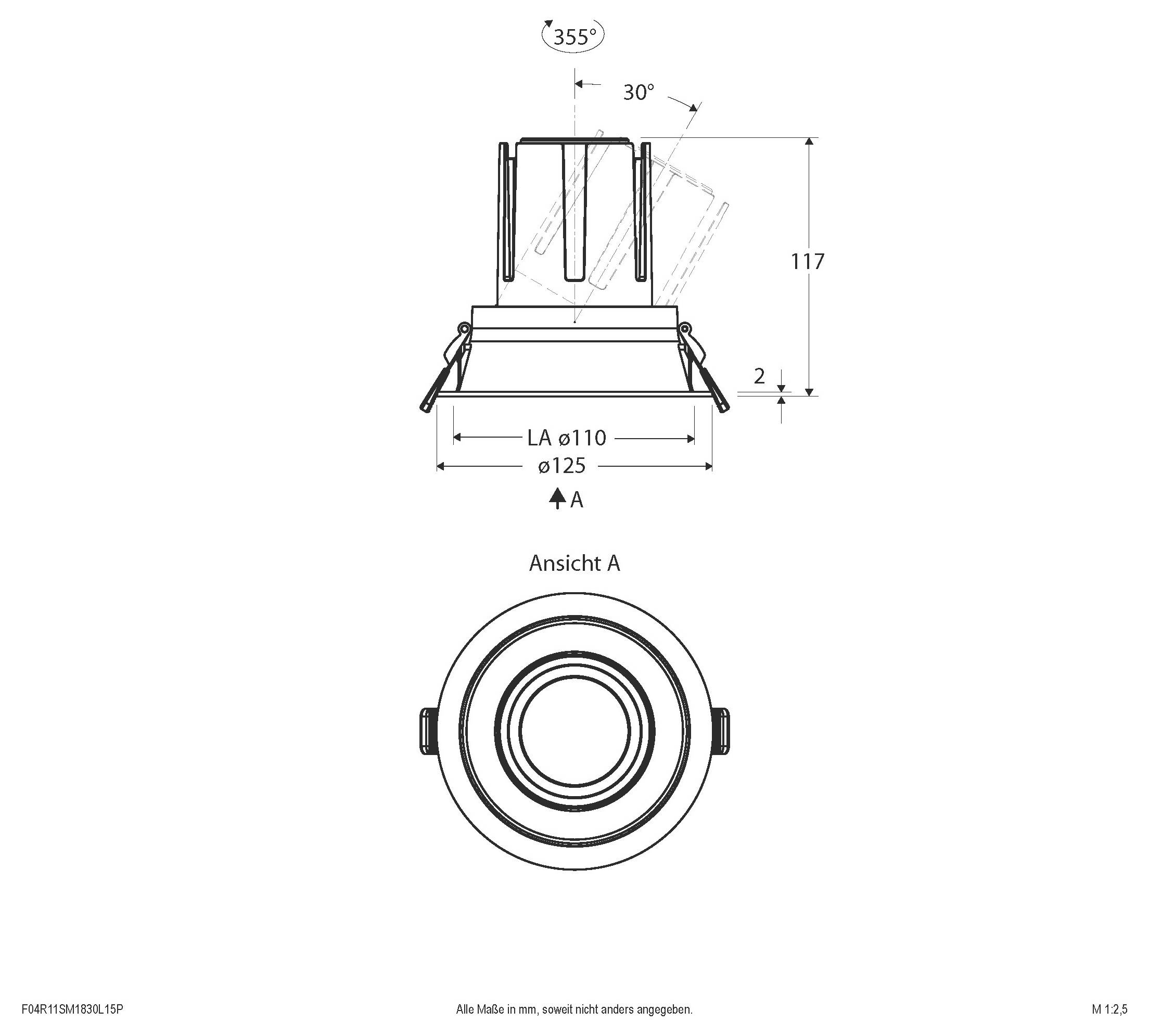 Technische Zeichnung eines zylindrischen Bauteils mit Seiten- und Draufsicht, die Abmessungen 355°, 30°, 117, Ø110, Ø125 und „Ansicht A