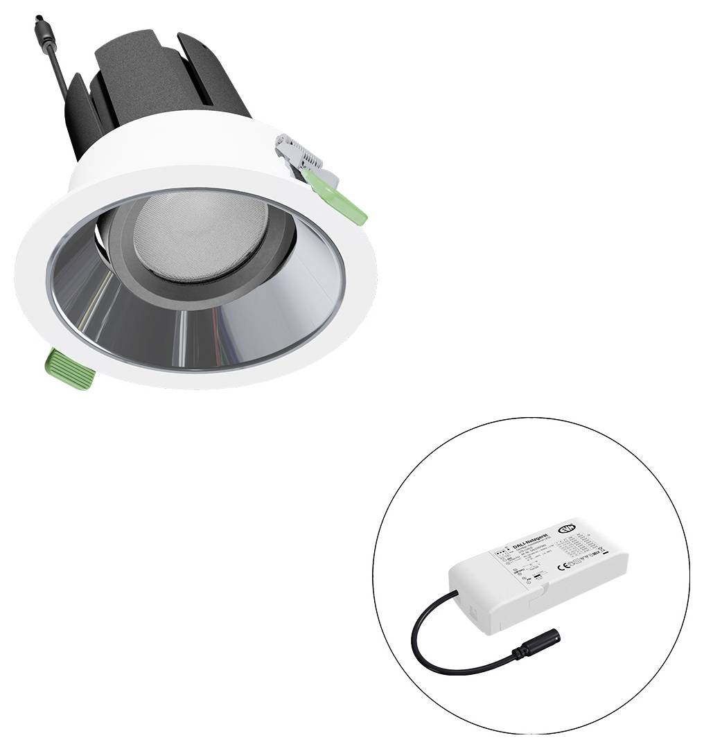 Eingelassene LED-Downlight mit separatem Treiber, dargestellt in einem eingefügten Kreis; weiße Zierleiste, reflektierendes Inneres und grüne Montageklips.